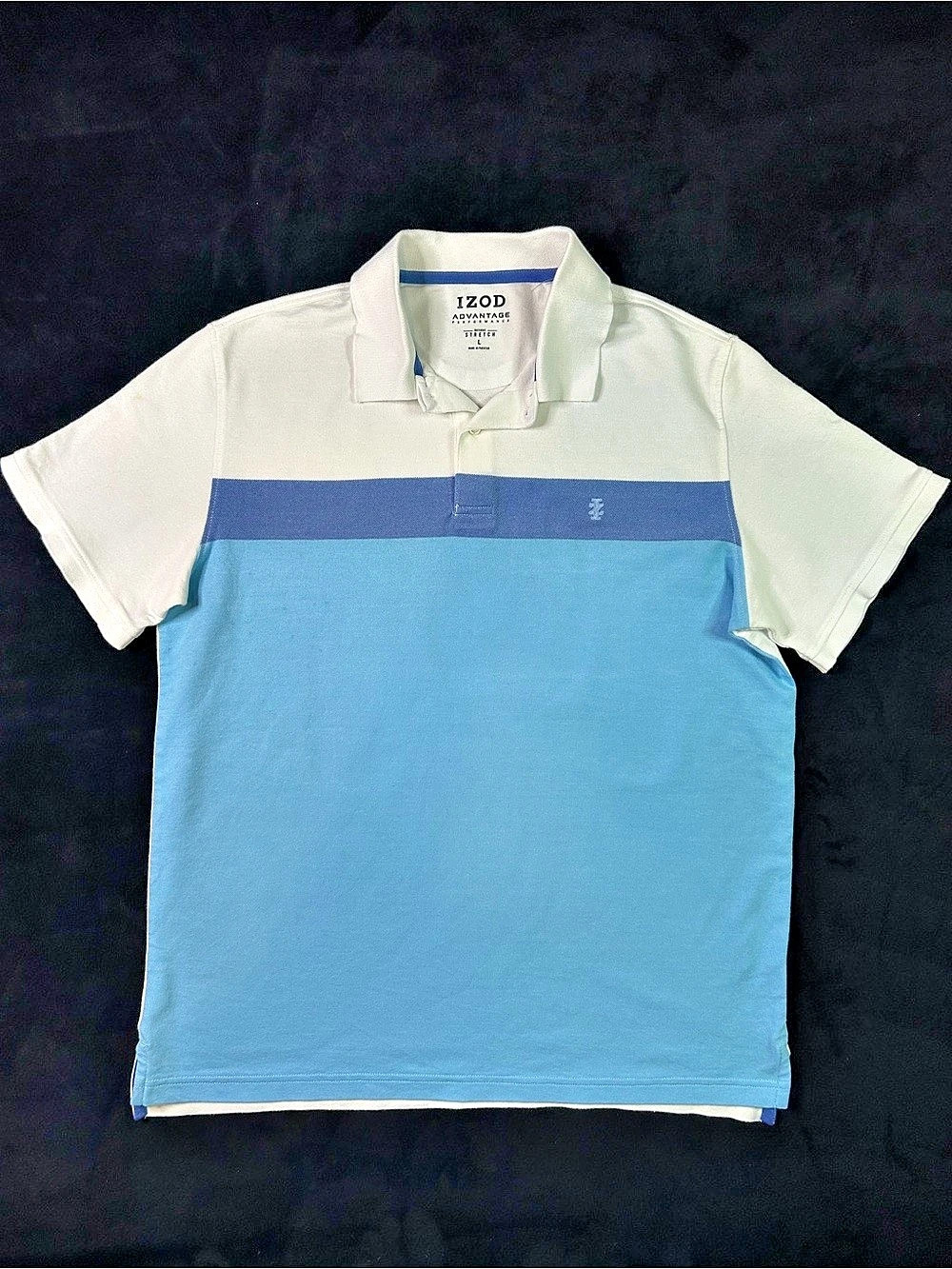 NWOT IZOD Advantage Performance Color Block Polo in Blue & White Large Like New